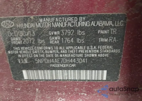 2013 Hyundai Elantra Gls z USA, uszkodzony, nr VIN 5NPDH4AE7DH443041